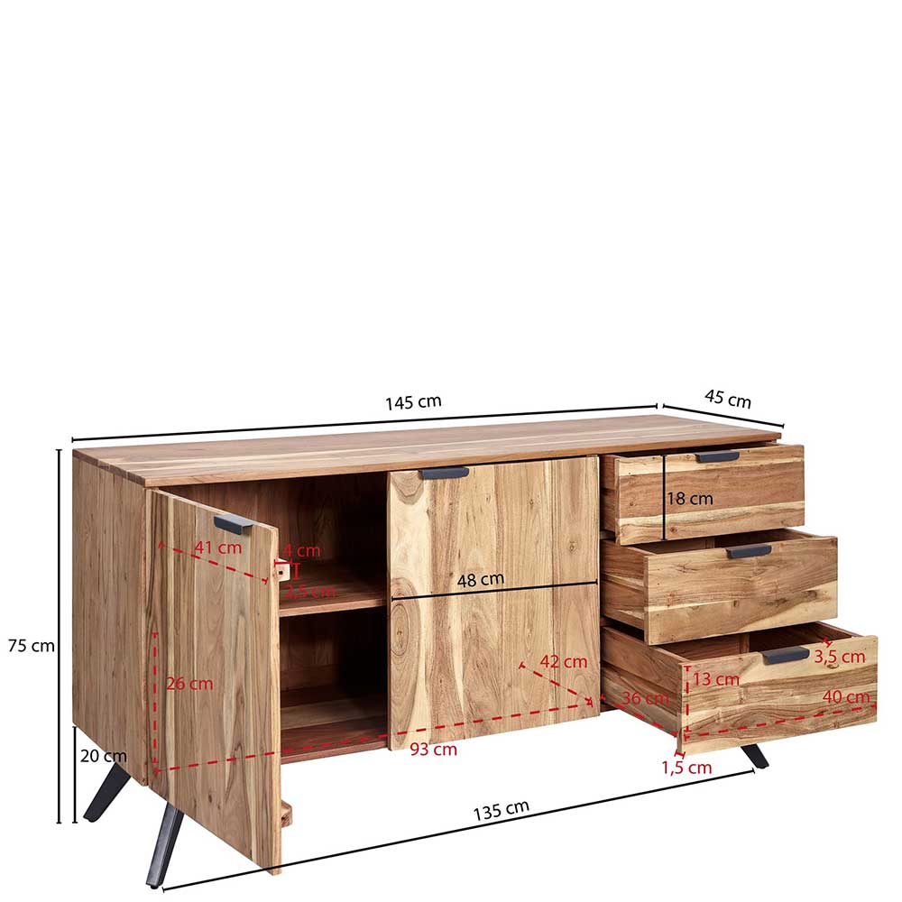 145x78x45 Holz Sideboard aus Akazie mit Eisen - Passena