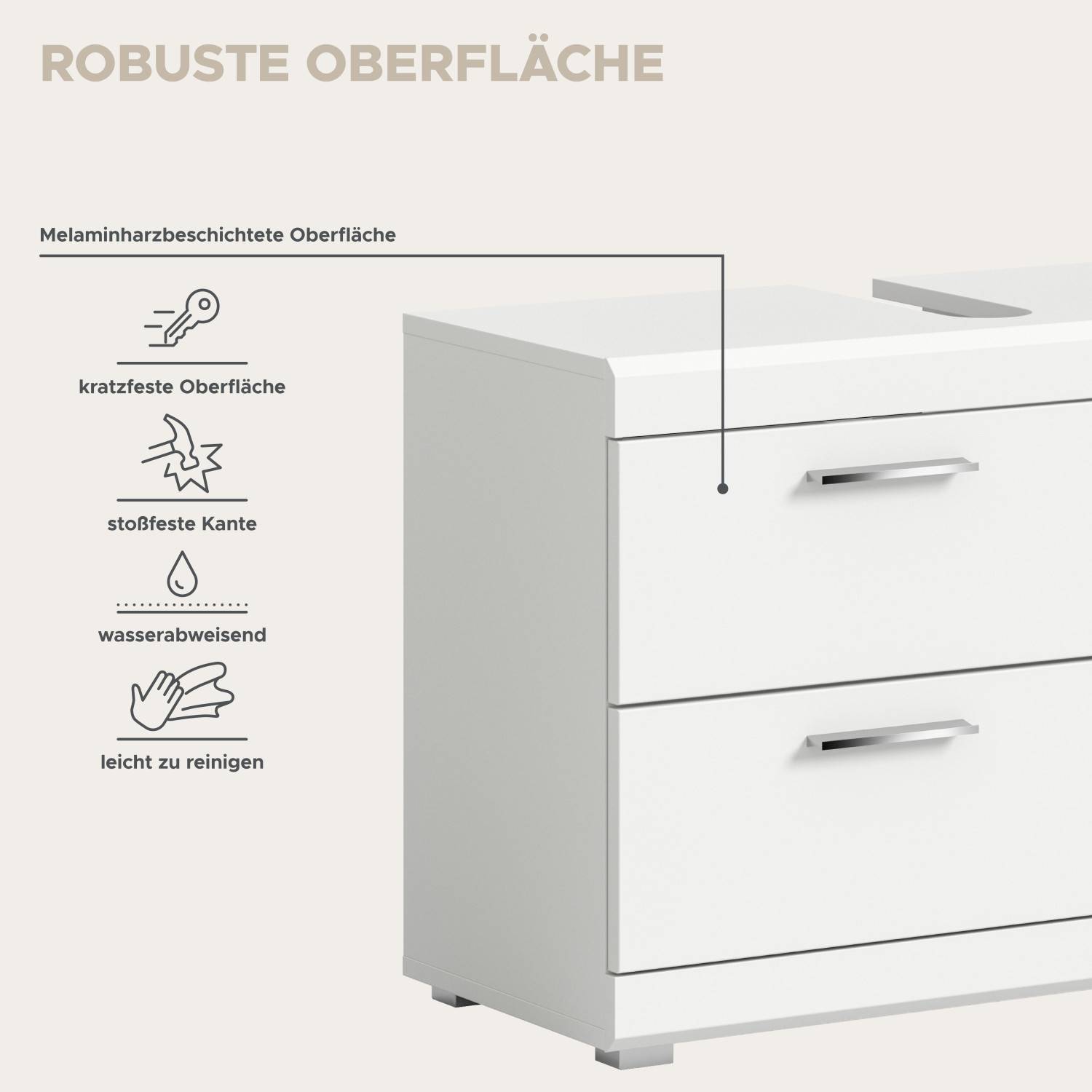 Robuste, kratzfeste und wasserabweisende Oberfläche des weißen Badmöbelkomplettsets – Nanila