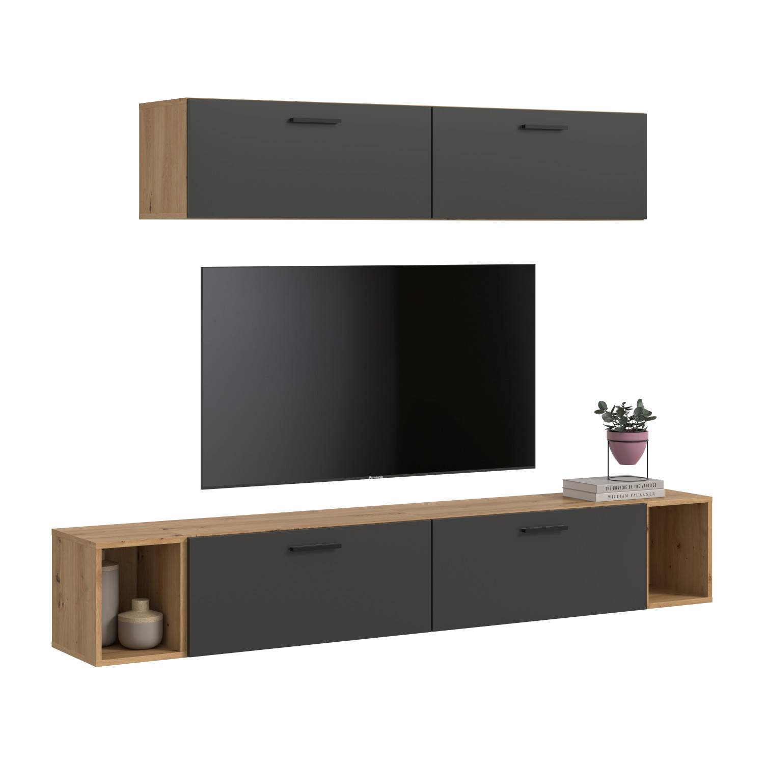 Moderne Medienwand in Anthrazit und Holzoptik mit TV-Board und Hängeschränken für das Wohnzimmer – Estoron