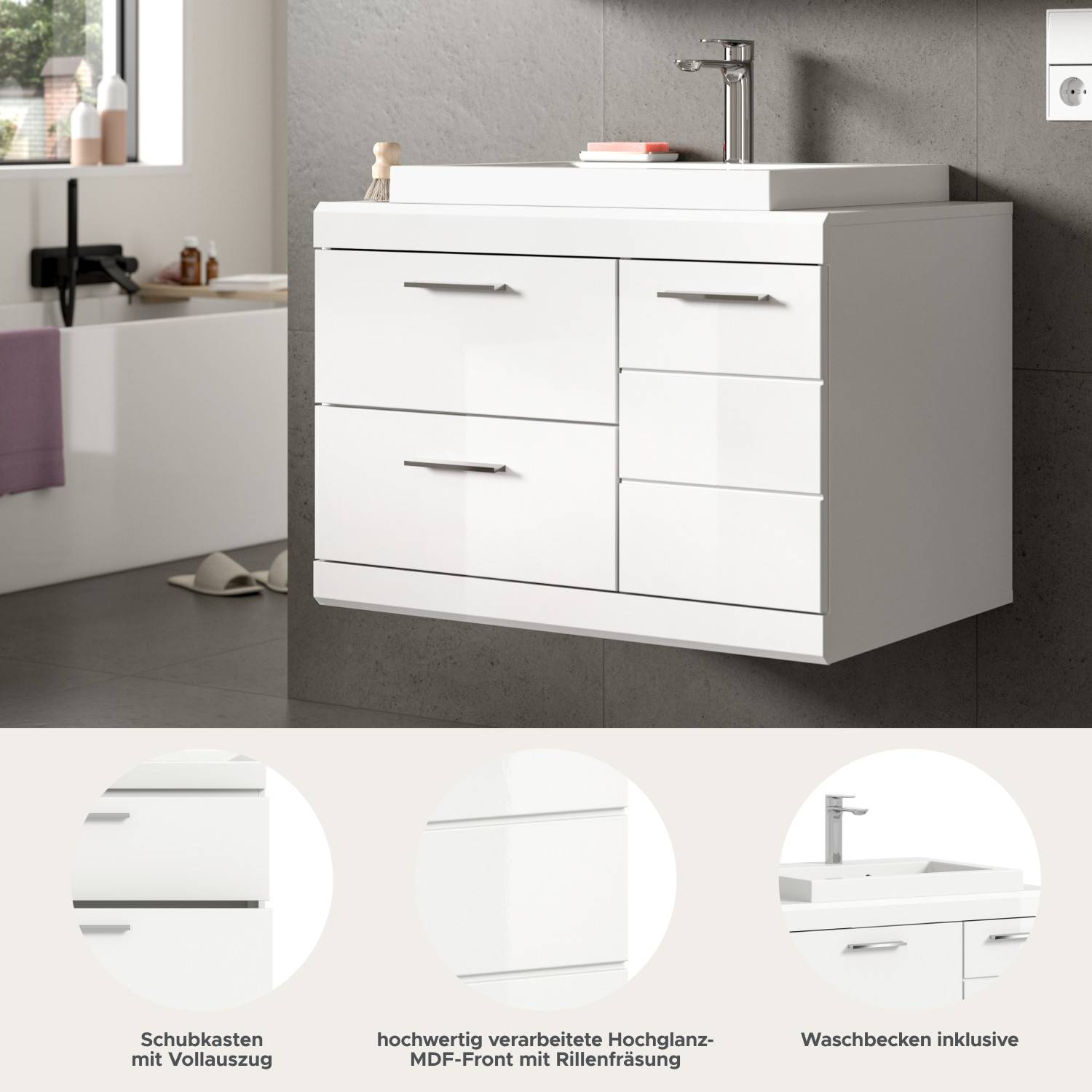 Produktmerkmale des Waschplatz Sets: Vollauszug Schubladen, Hochglanz MDF-Front und Waschbecken – Nanila