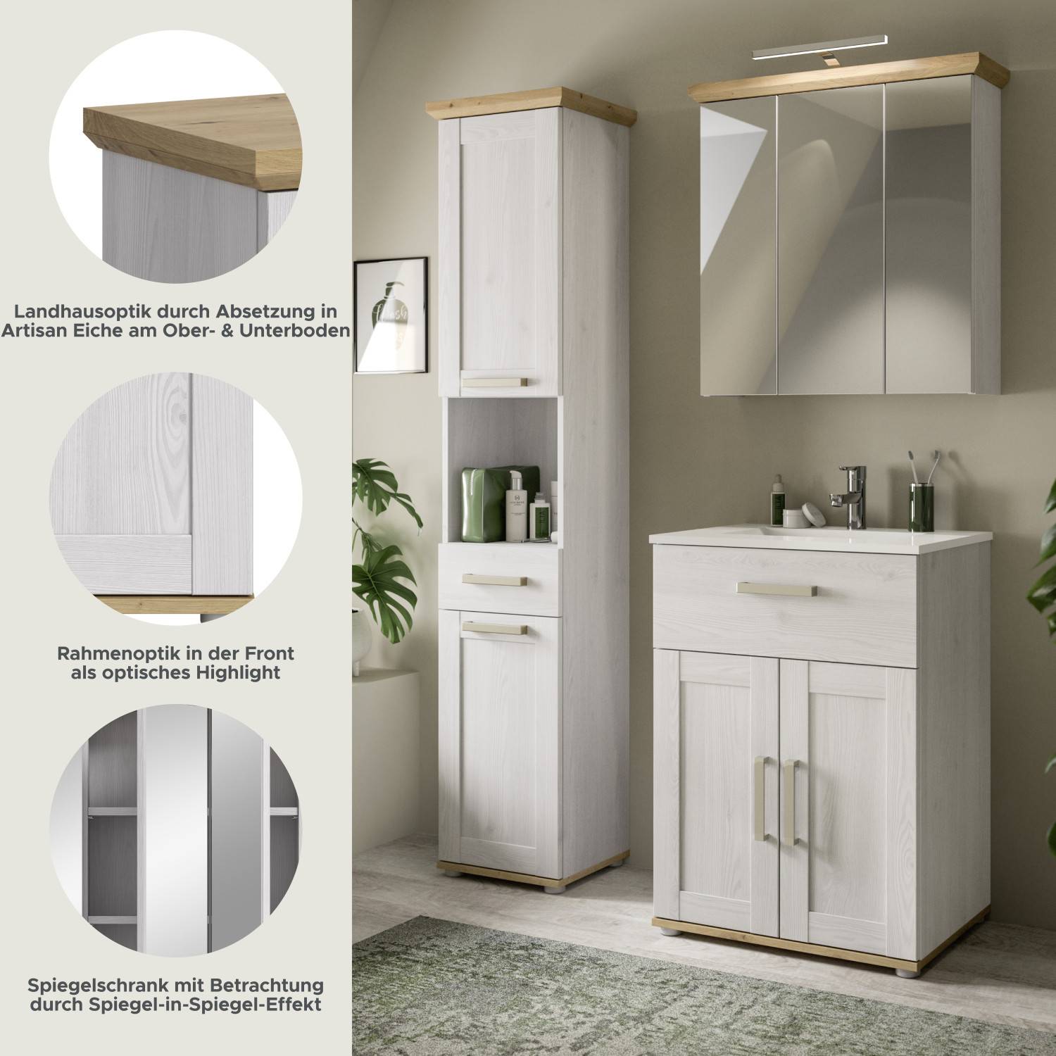 Landhausoptik durch Artisan Eiche Absetzung und Rahmenoptik, Spiegelschrank mit Spiegel-in-Spiegel-Effekt – Tocella