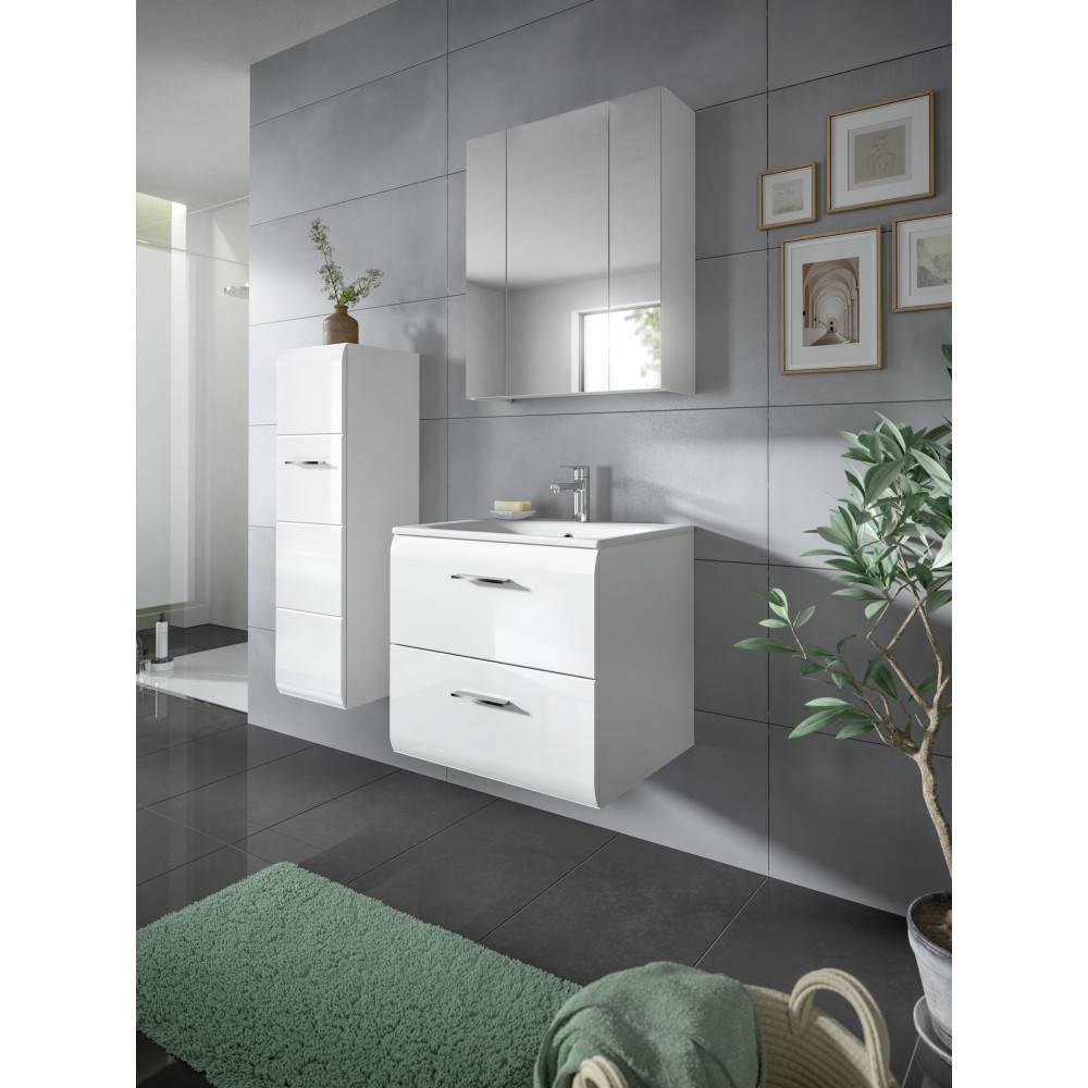 Modernes Badmöbel Set in Weiß mit Waschbeckenunterschrank und Spiegelschrank im Badezimmer – Clona