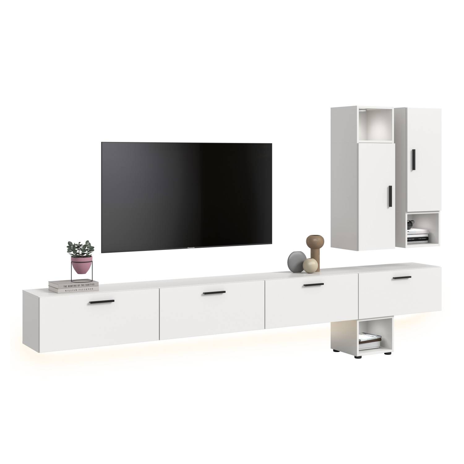 Weißes modulares TV-Wandsystem mit langem Lowboard und hohem Schrank, vierteilig f
 den Wohnbereich – Actionsa