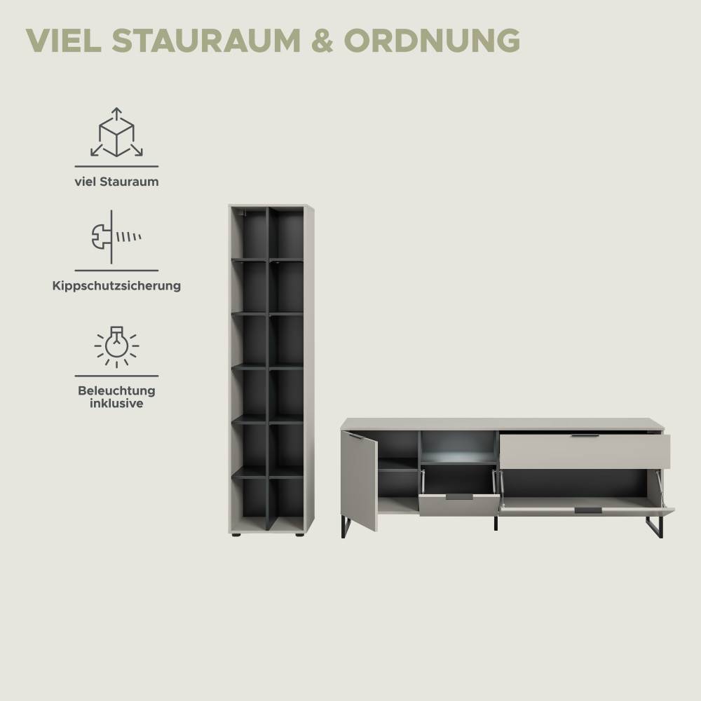 Funktionen und Vorteile der Anbauwand mit viel Stauraum, Kippschutz und integrierter Beleuchtung – Ostinia