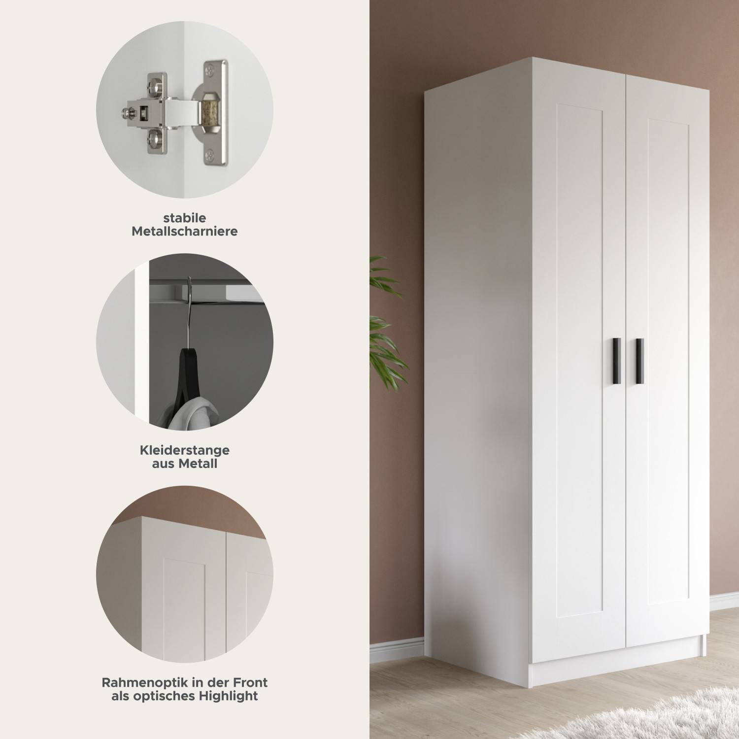 Details des weißen Hochschranks: stabile Metallscharniere, Metallkleiderstange und Kassettenfronten – Bilbo