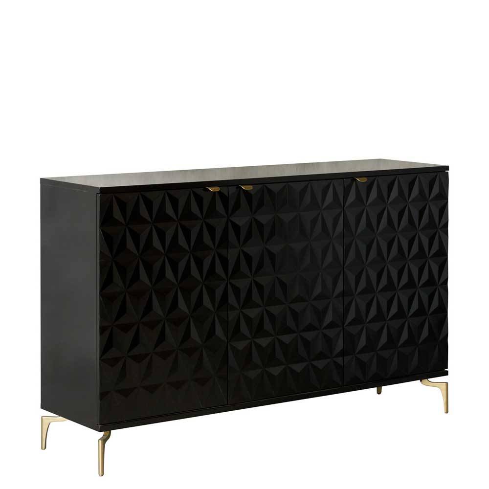 Schwarzer Schrank mit geometrisch strukturierten Türen und eleganten goldenen Standfüßen – Ardit