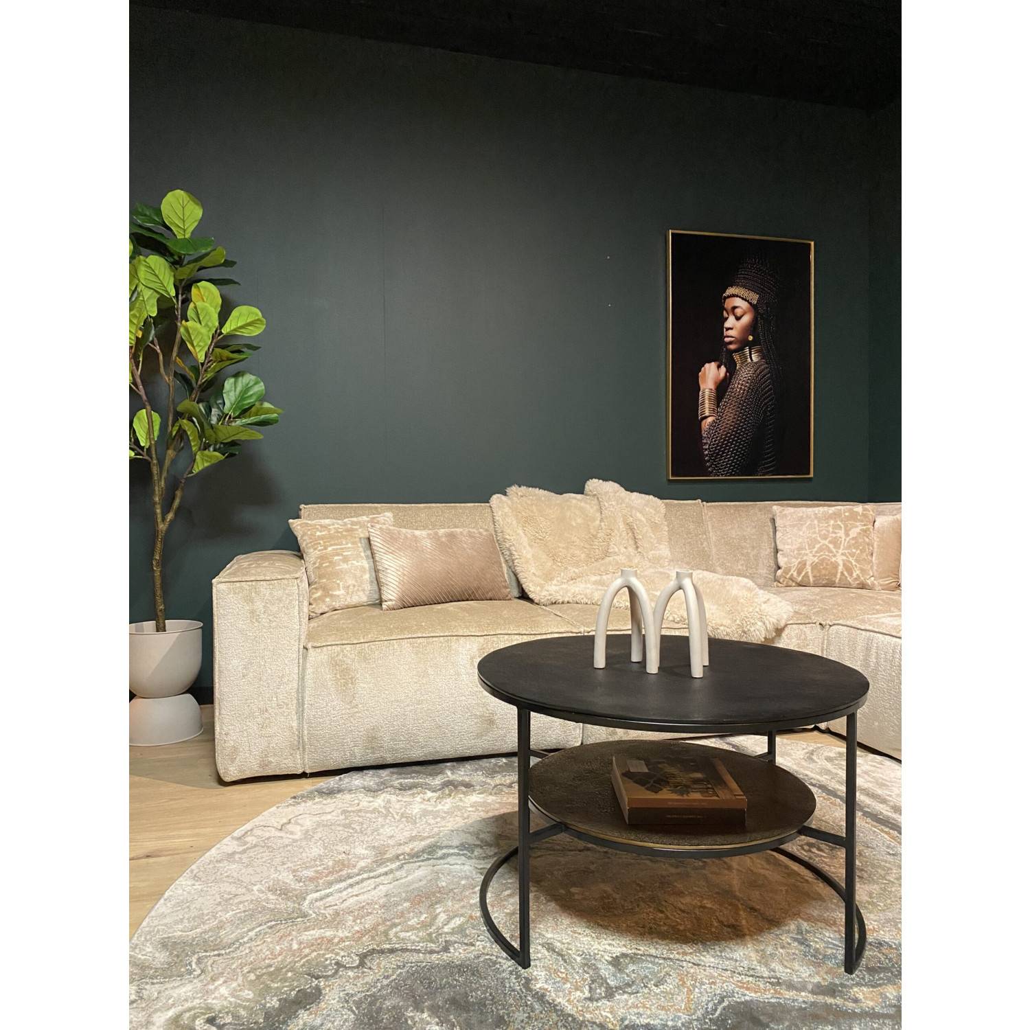Schwarzer Couchtisch aus Metall mit zwei Ebenen und runder Form – Pymin