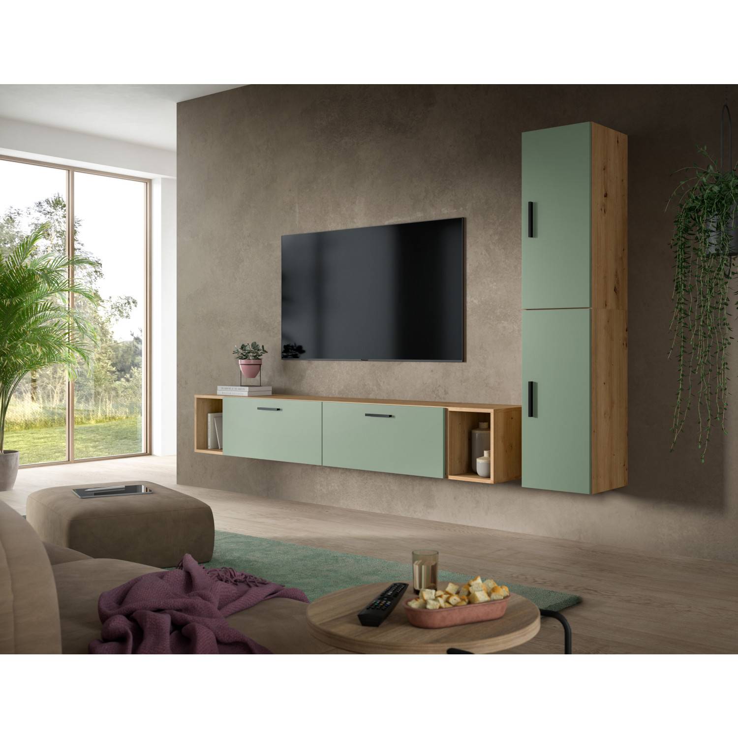 Zweiteilige TV Möbel Kombination in Eiche Nachbildung und Salbeigrün im Wohnzimmer – Jonni