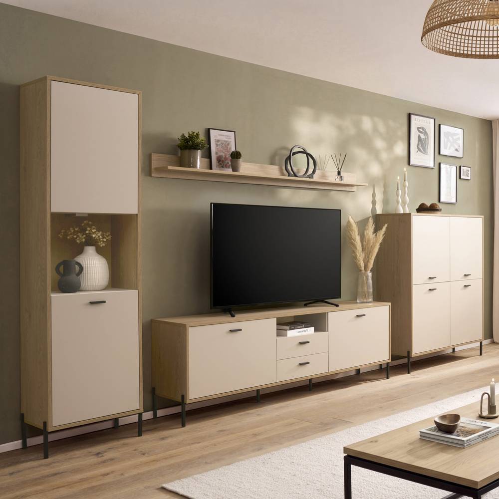Vierteilige Wohnzimmer Wohnwand in Beige und Holzoptik mit viel Stauraum – Dasanti