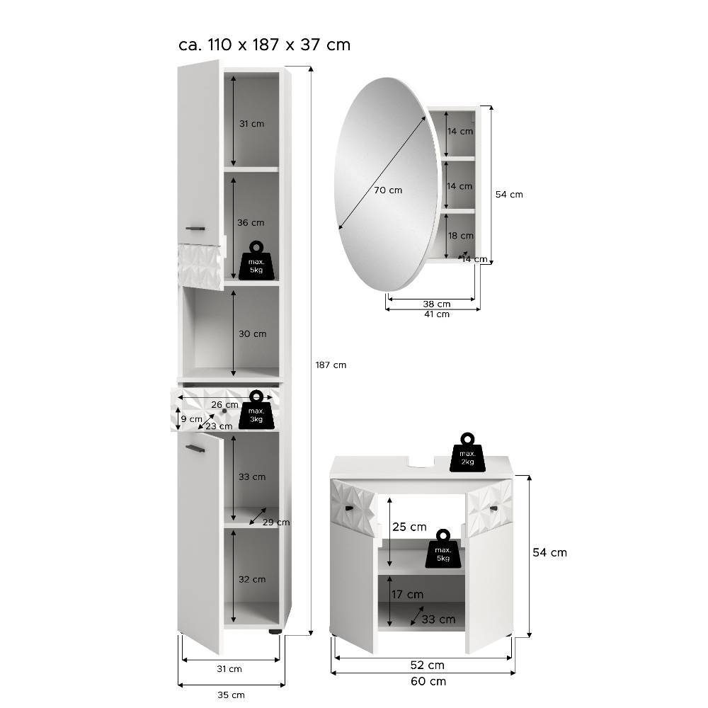Moderne Badmöbel-Kombi in Weiß - Ustabo (dreiteilig)