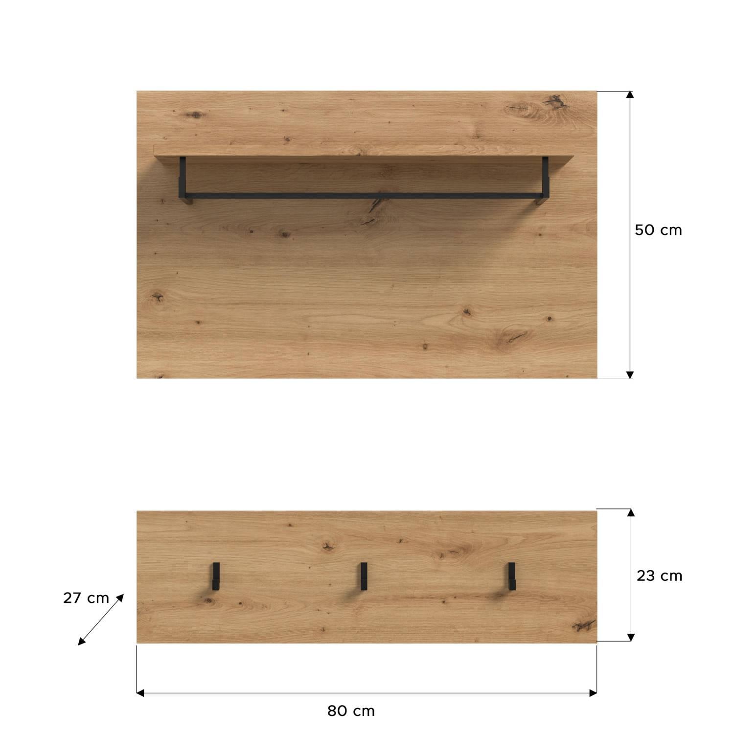 Maße und Abmessungen der 2-teiligen Wandgarderobe in Holzoptik – Irysma