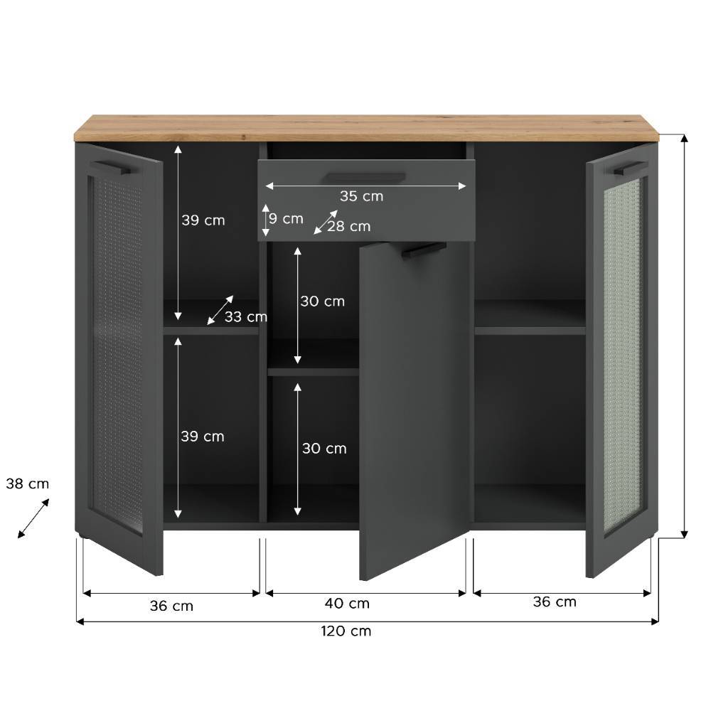 Sideboard Anthrazit mit Eiche-Platte geöffnet, detaillierte Maße und Abmessungen – Lyona