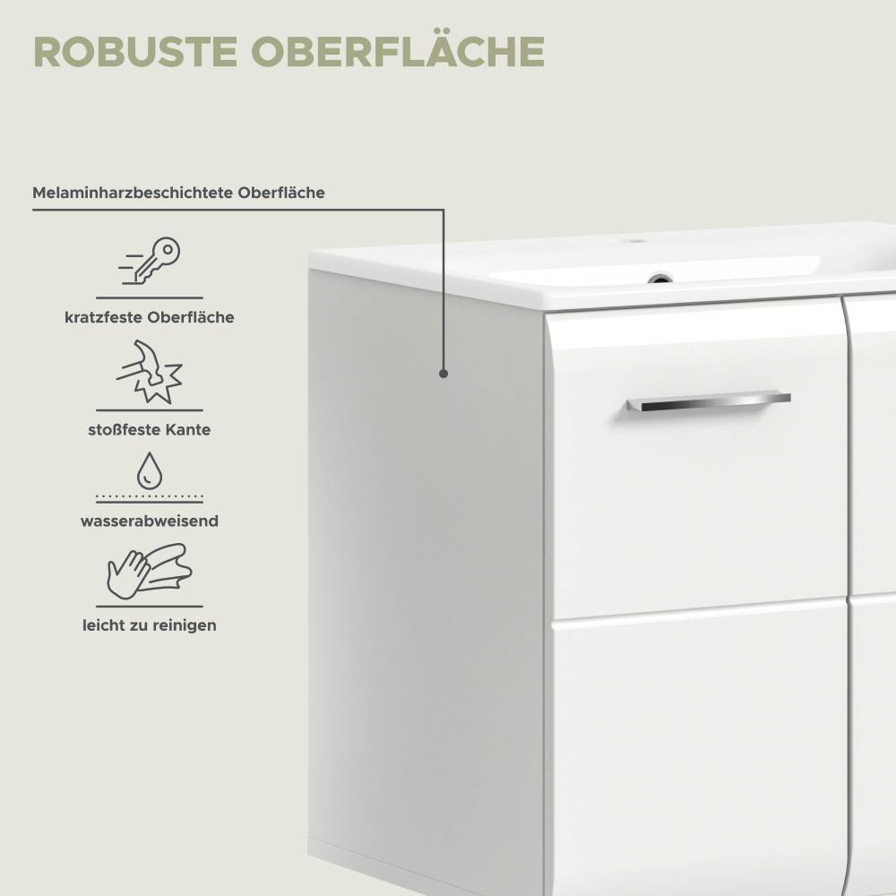 Robuste, kratzfeste und wasserabweisende Oberfläche des weißen Waschbeckenunterschranks – Clona