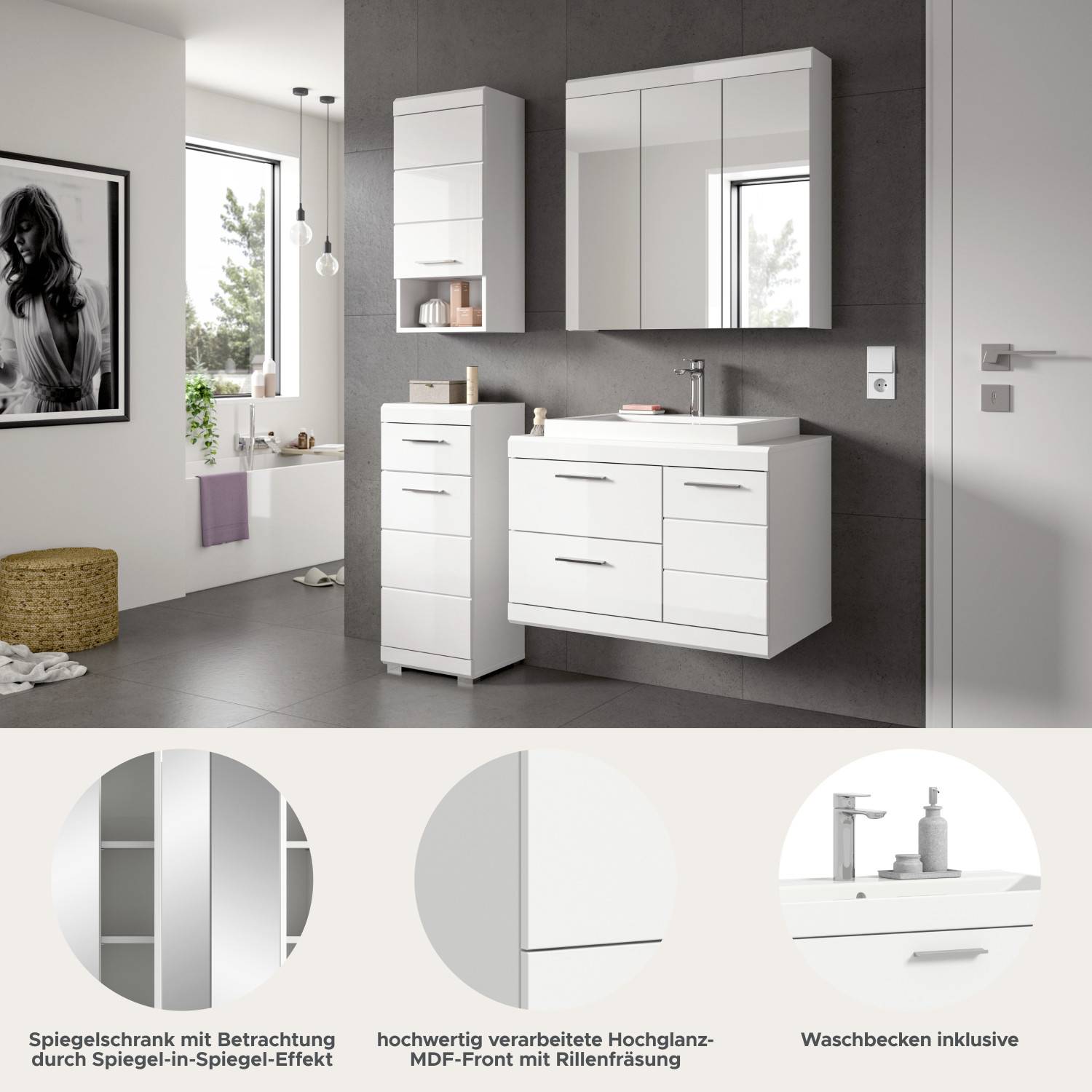 Modernes weißes Badezimmer-Set mit Spiegelschrank, Waschtisch und Hochglanzfronten im Bad – Nanila