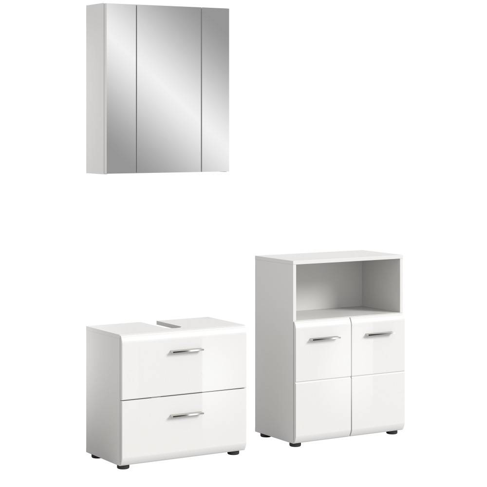 Dreiteiliges Badmöbel Set Clona I in Weiß Hochglanz mit Spiegelschrank, Unterschrank und Hochschrank – Clona