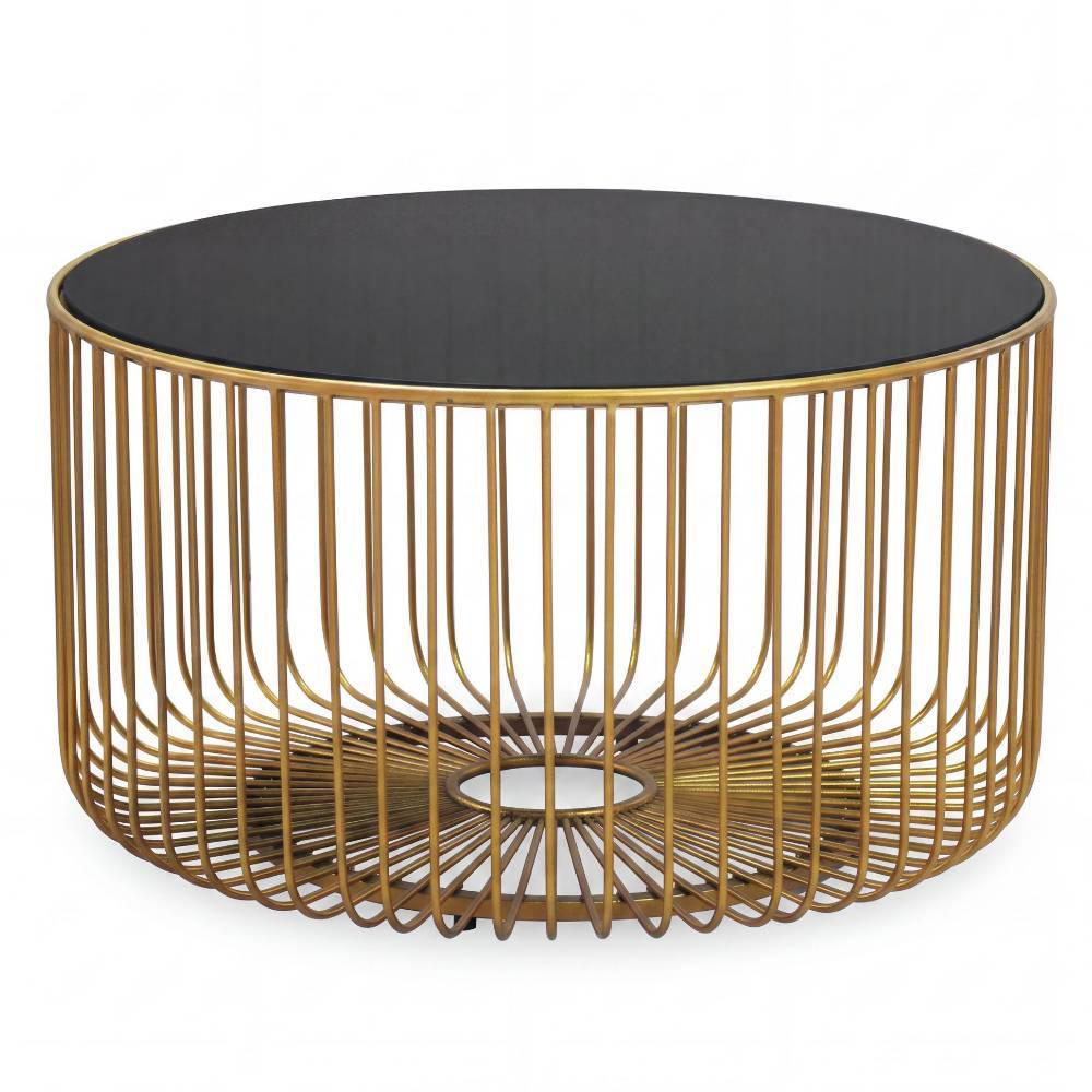 Runder Couchtisch mit schwarzer Glasplatte und goldenem Metallgestell für das Wohnzimmer – Malago