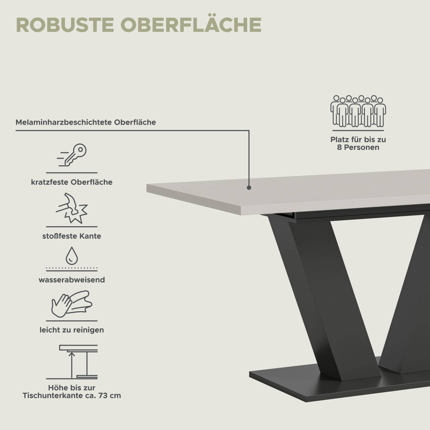 Robuste und pflegeleichte Tischoberfläche für bis zu 8 Personen, kratzfest und wasserabweisend – Nexter