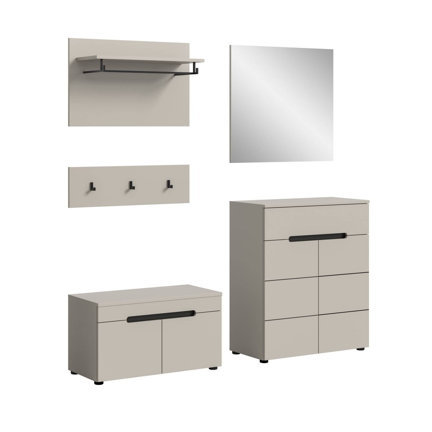 Elvadia Garderobenset 4-teilig, bestehend aus Kommode, Spiegel, Garderobe und Schuhschrank – Elvadia
