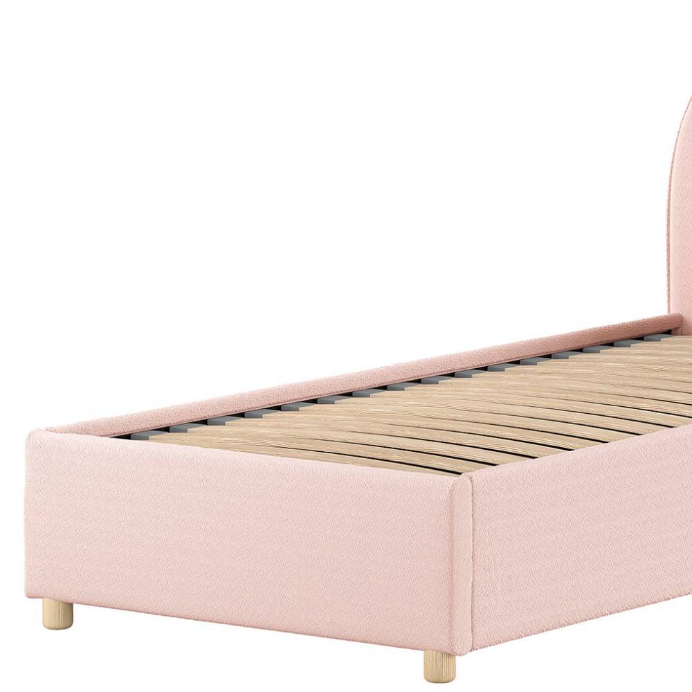 Fußteil des rosa Boucle Polsterbettes 90x200 mit stabilen Holzfüßen und Lattenrost – Skylab