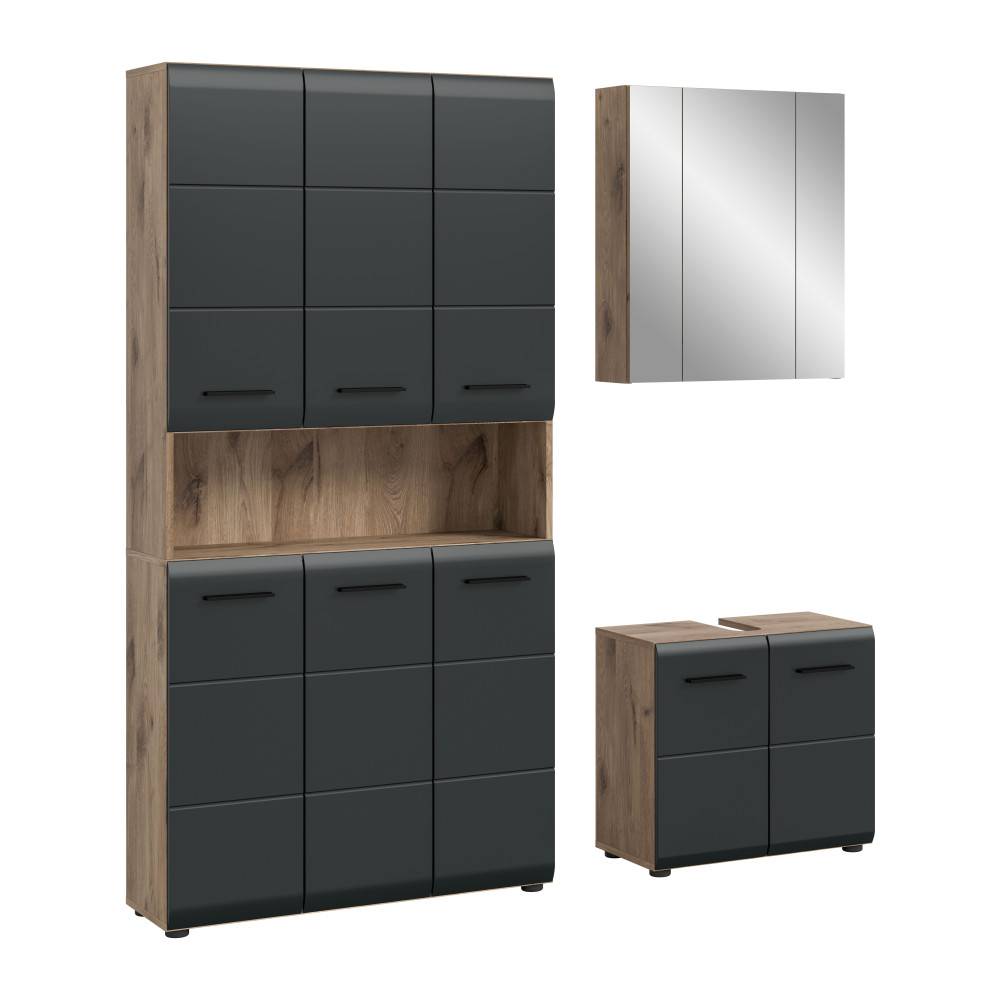 Dreiteiliges Badmöbel-Set in schwarz matt Eiche mit Hochschrank, Spiegelschrank und Unterschrank – Karina
