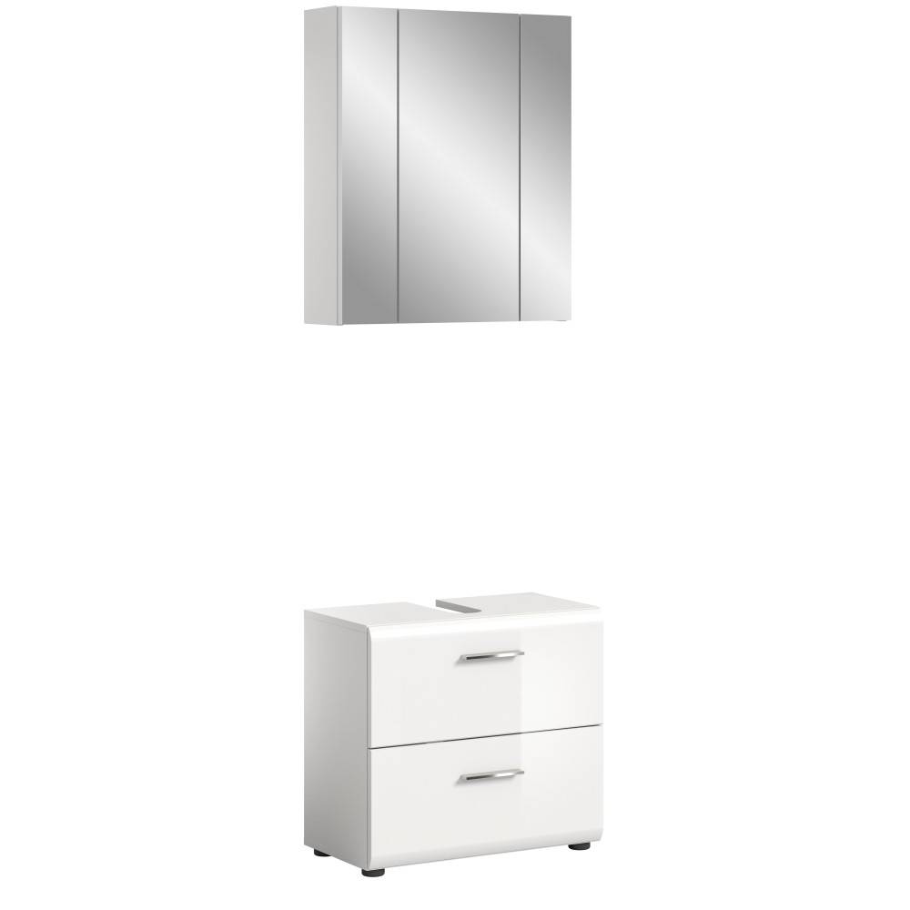 Weißes Badmöbel Set mit Spiegelschrank und Waschtischunterschrank, elegante abgerundete Kanten – Clona