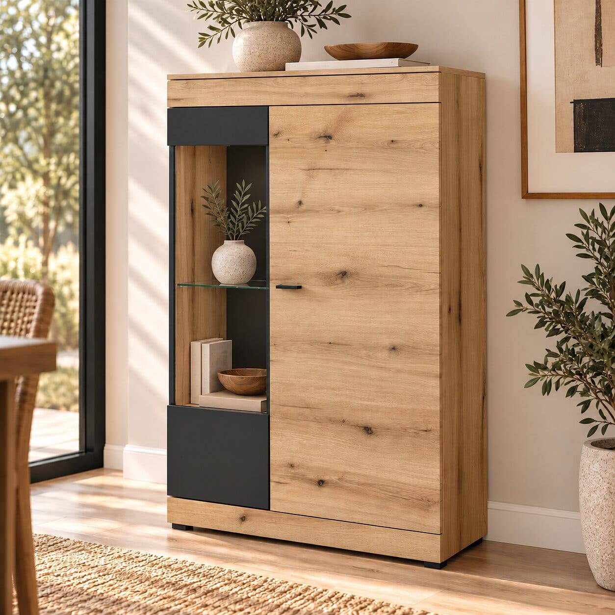 Highboard mit Glaseinsatz in Eiche Optik - Addara
