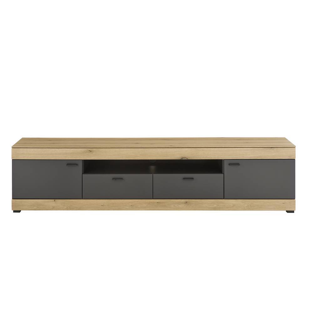 200cm breites TV-Board in Eiche Holzoptik mit grauen Fronten und vier Fächern – Addara