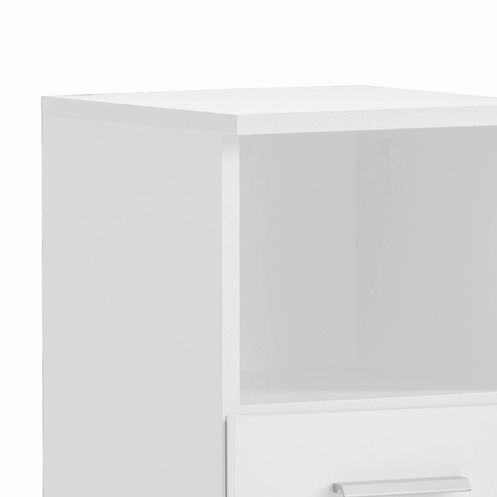 Offenes Fach und Schublade des mattweißen Badezimmer Hochschranks – Hectoss