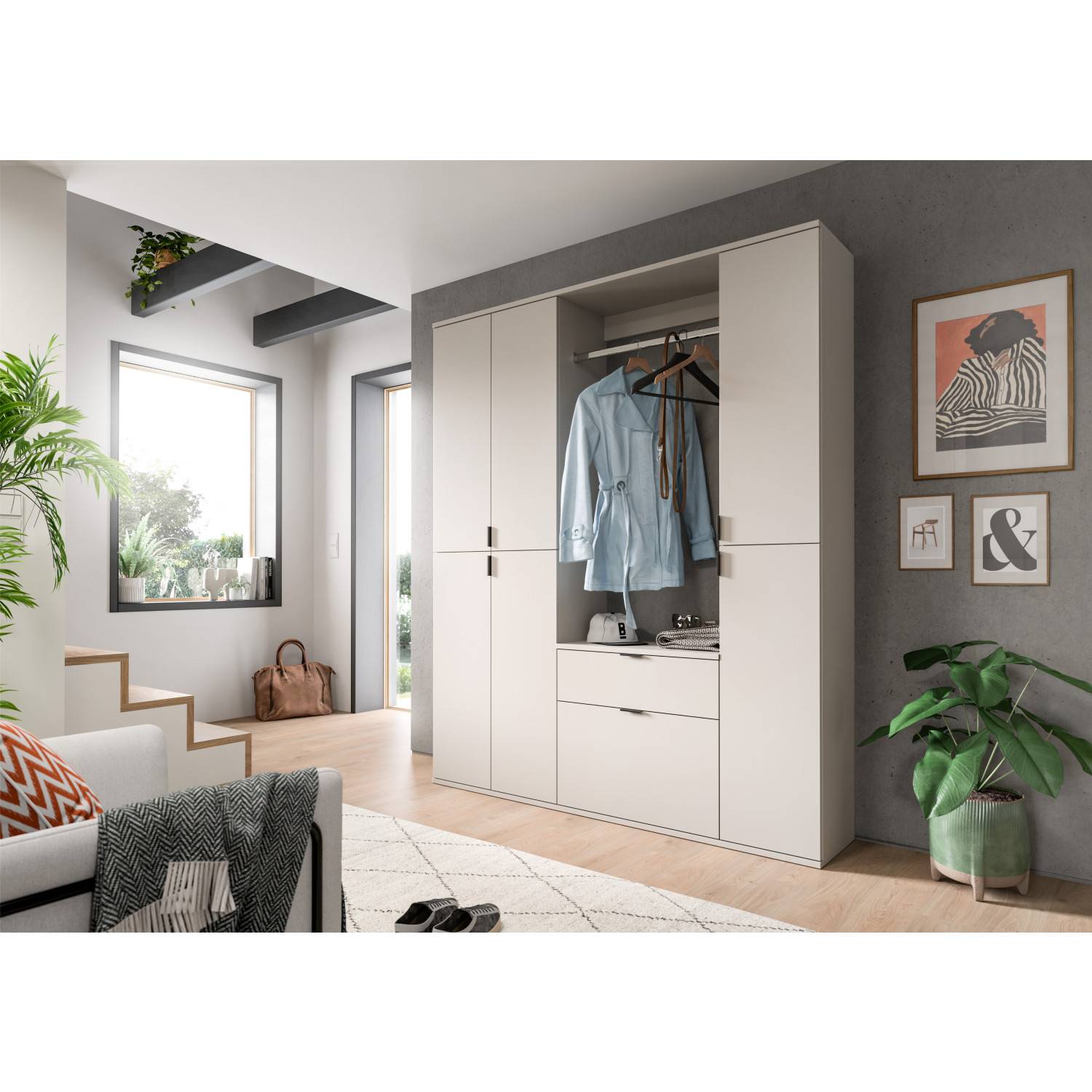 Modernes Garderobenset in Beige mit offenen und geschlossenen Fächern im Flur – Meho