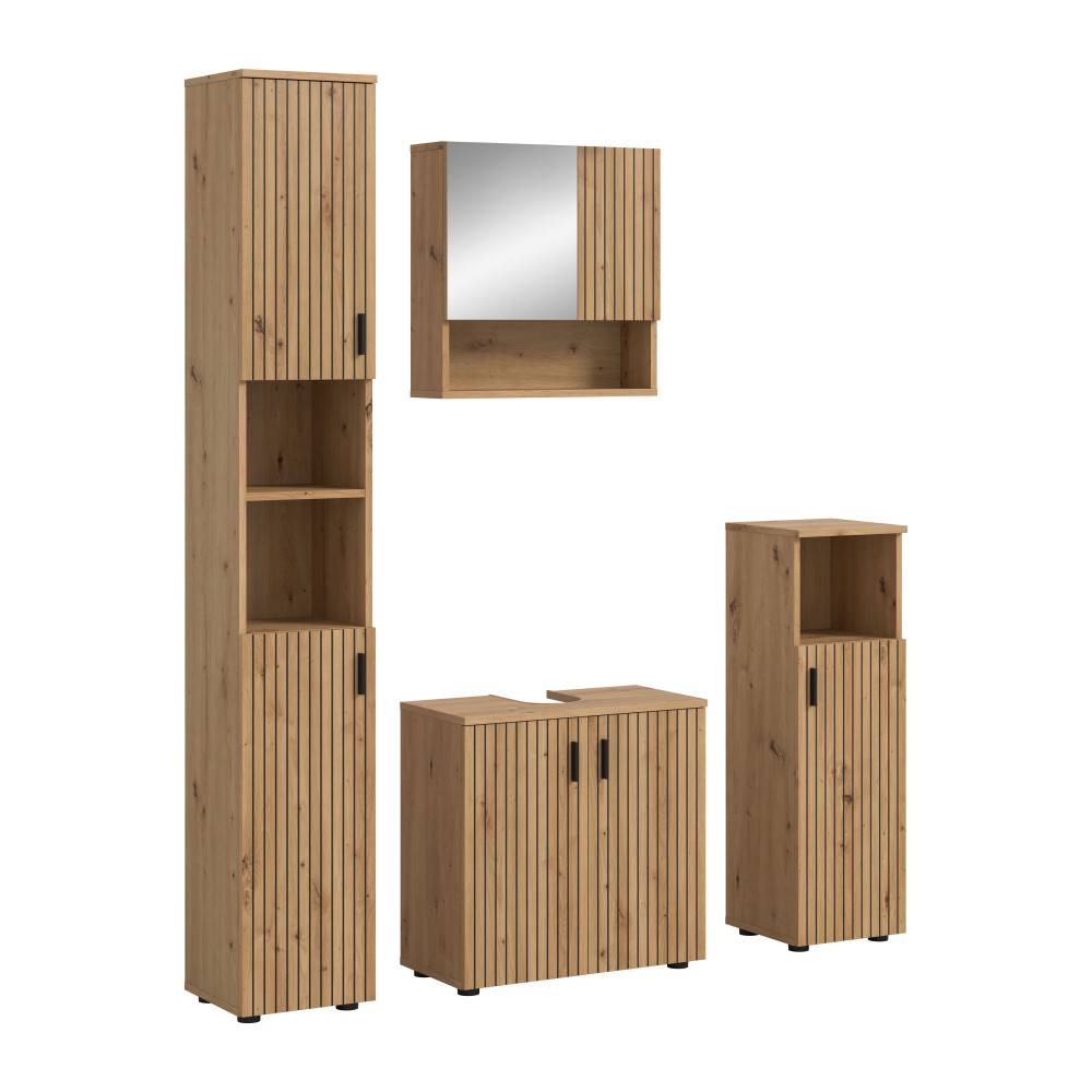Vierteiliges Badmöbel Set in heller Holzoptik mit geriffelter Front an Hochschrank, Waschtisch und Spiegelschrank – Janny