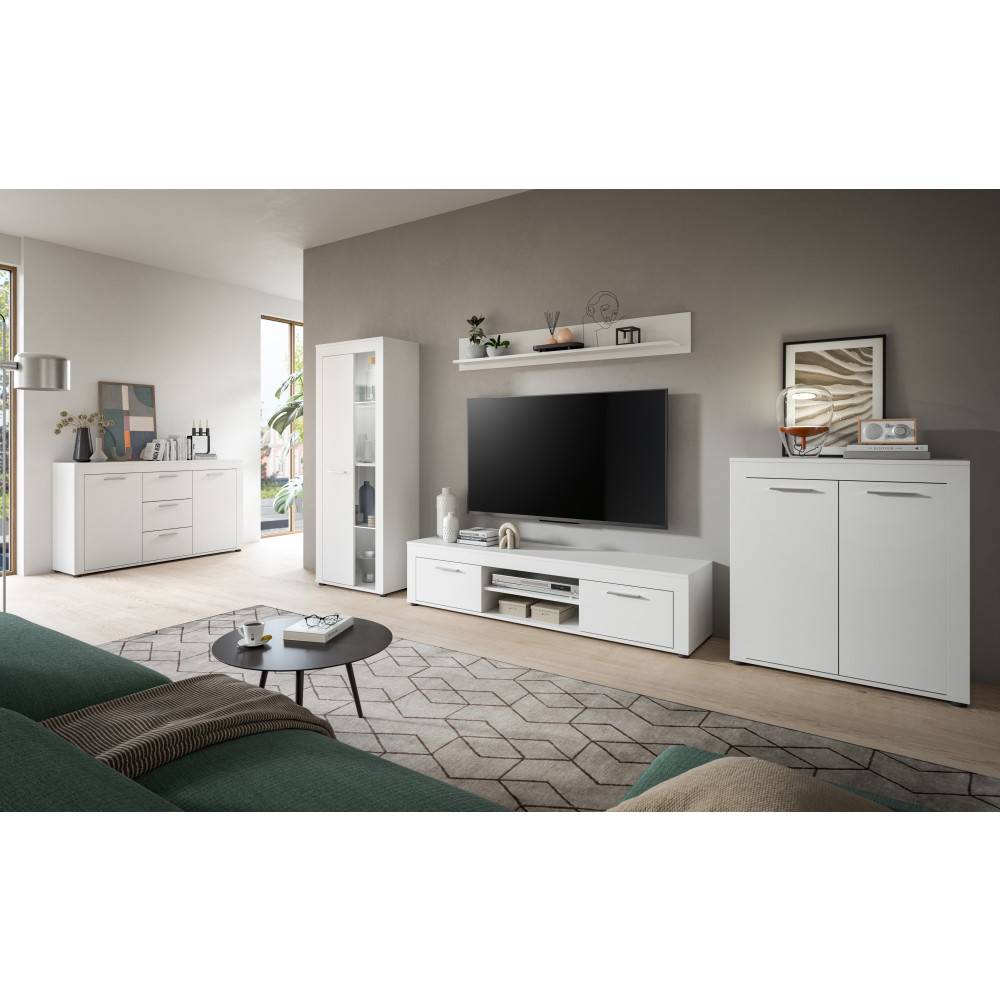Moderne weiße vierteilige Anbauwand mit TV-Lowboard und Vitrine im Wohnzimmer – Furoro