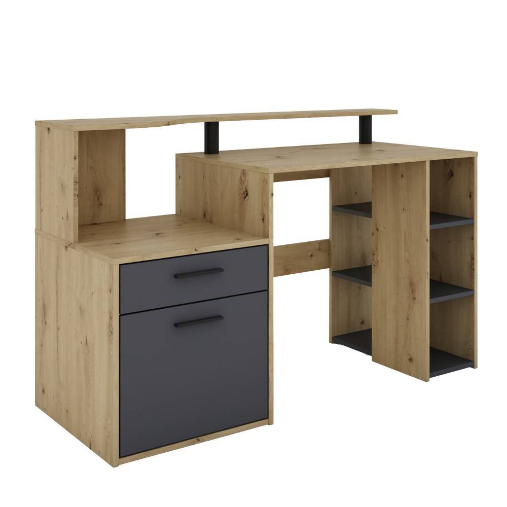 Moderner Bürotisch mit Ablageflächen und Schubkasten in Holzoptik und Anthrazit – Kilazu