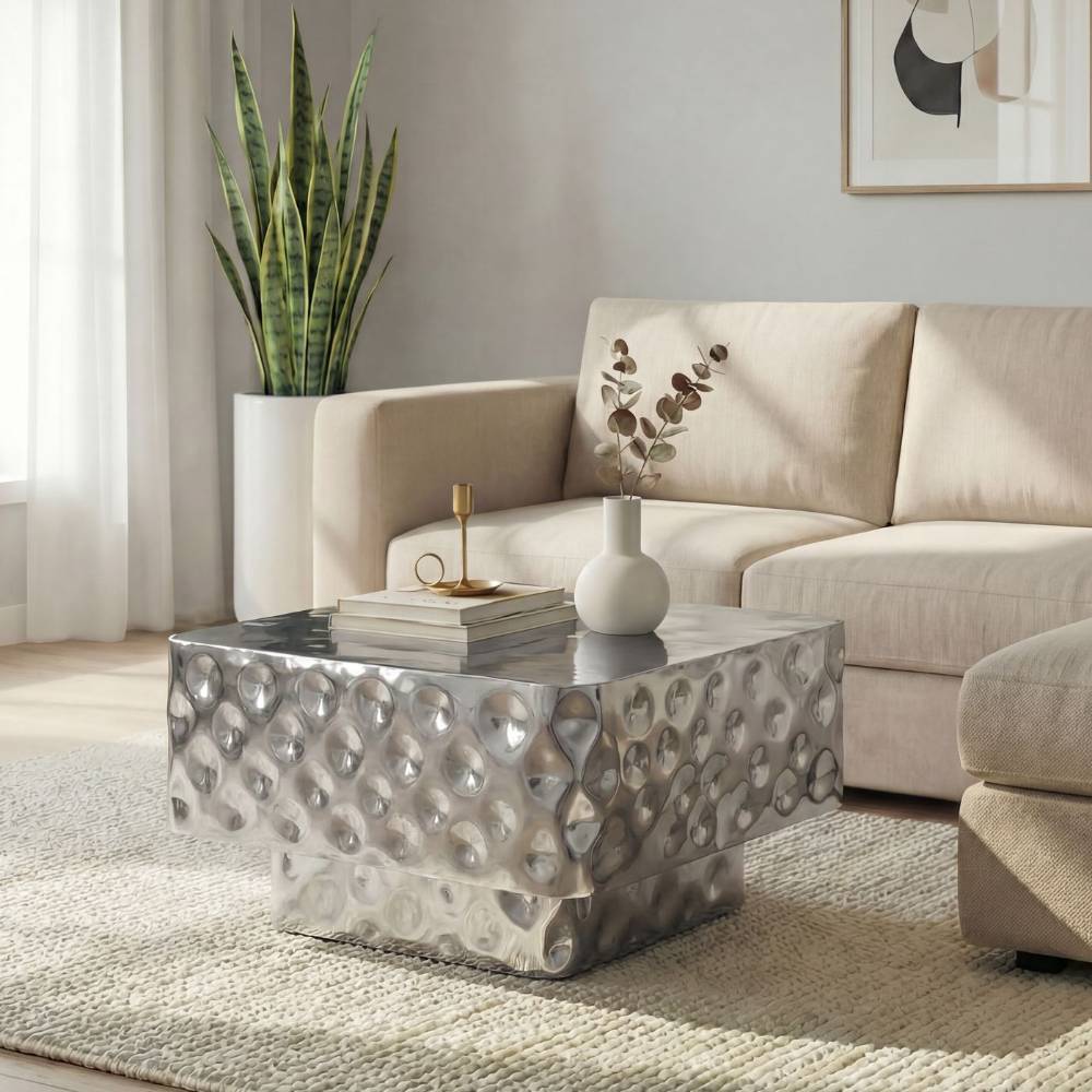 Moderner Design-Couchtisch aus gehämmertem Aluminium im Wohnbereich – Ranica