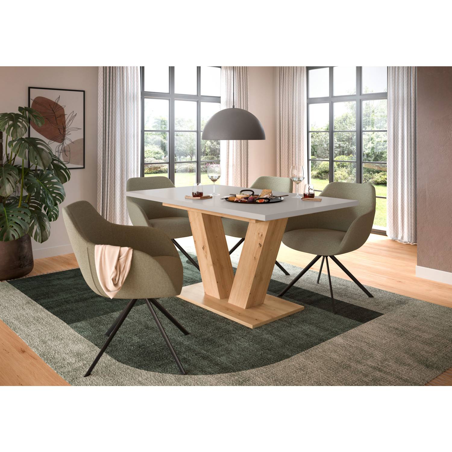 Bicolor Ausziehtisch mit hellgrauer Platte und V-förmigem Holzfuß in modernem Esszimmer – Shalima