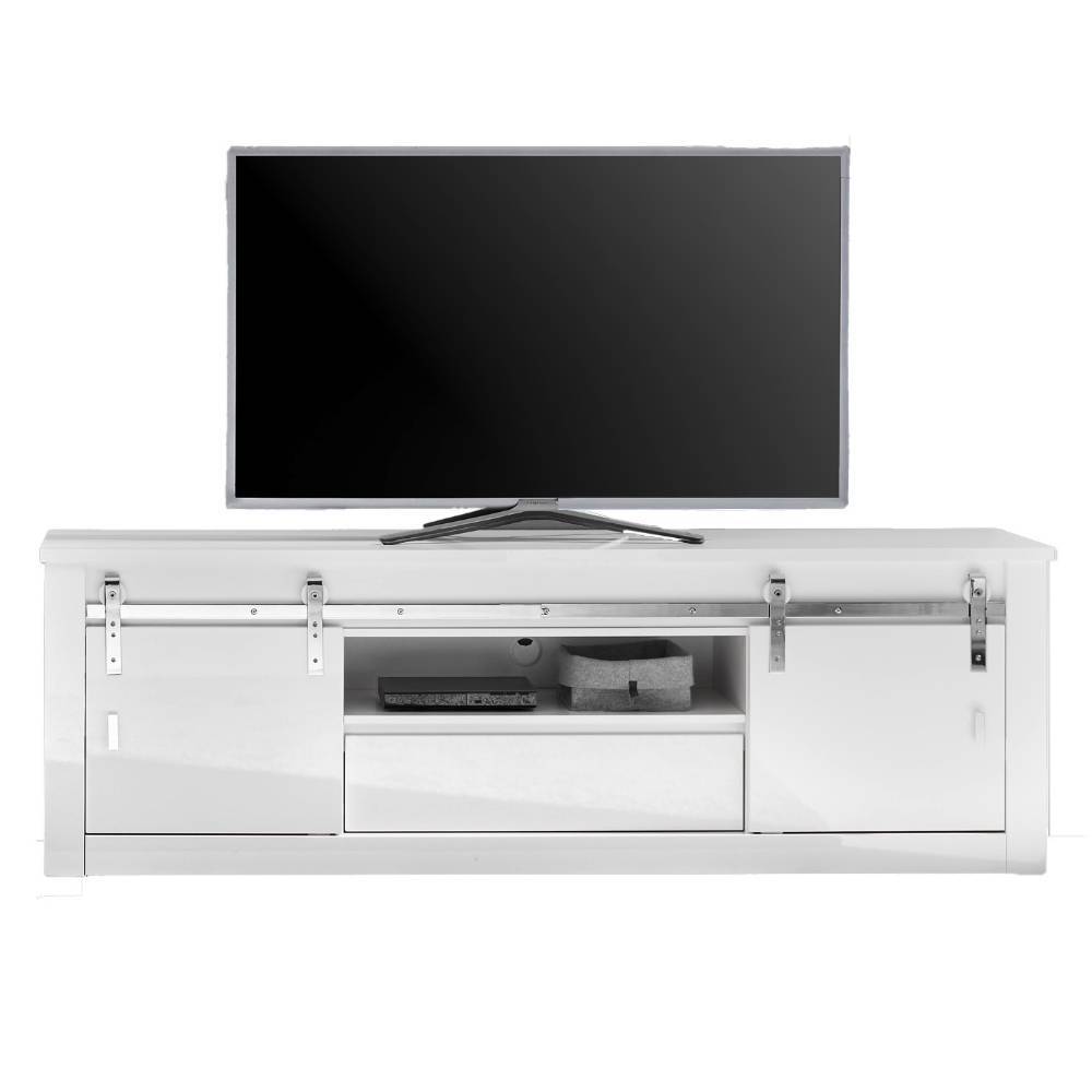 Weißes TV-Lowboard mit Fernseher und Schiebetüren für das moderne Wohnzimmer – Memphys