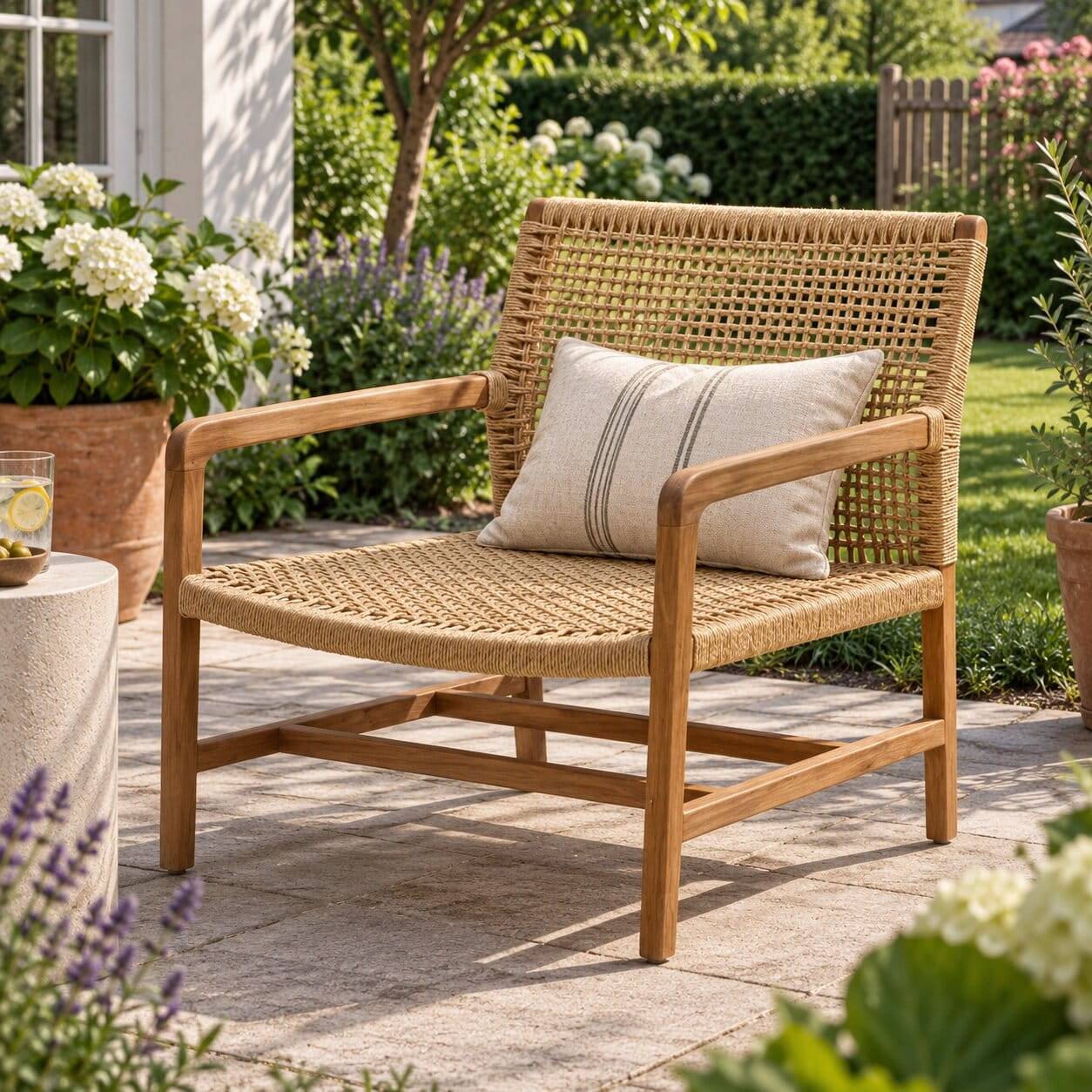 Loungesessel aus Geflecht und Teakholz - Comrinaca
