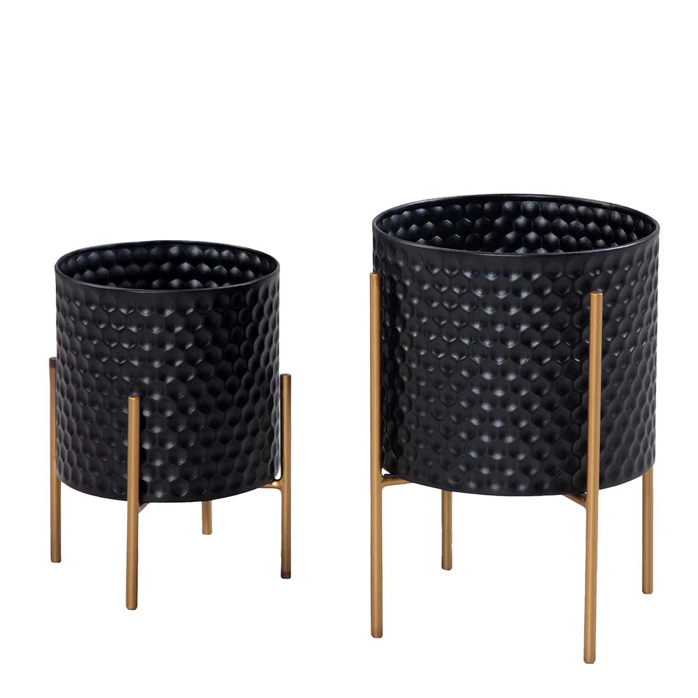 Modernes 2er Set Pflanzgefäße in Schwarz mit Hammerschlag-Optik und eleganten Gold-Ständern – Ontenta