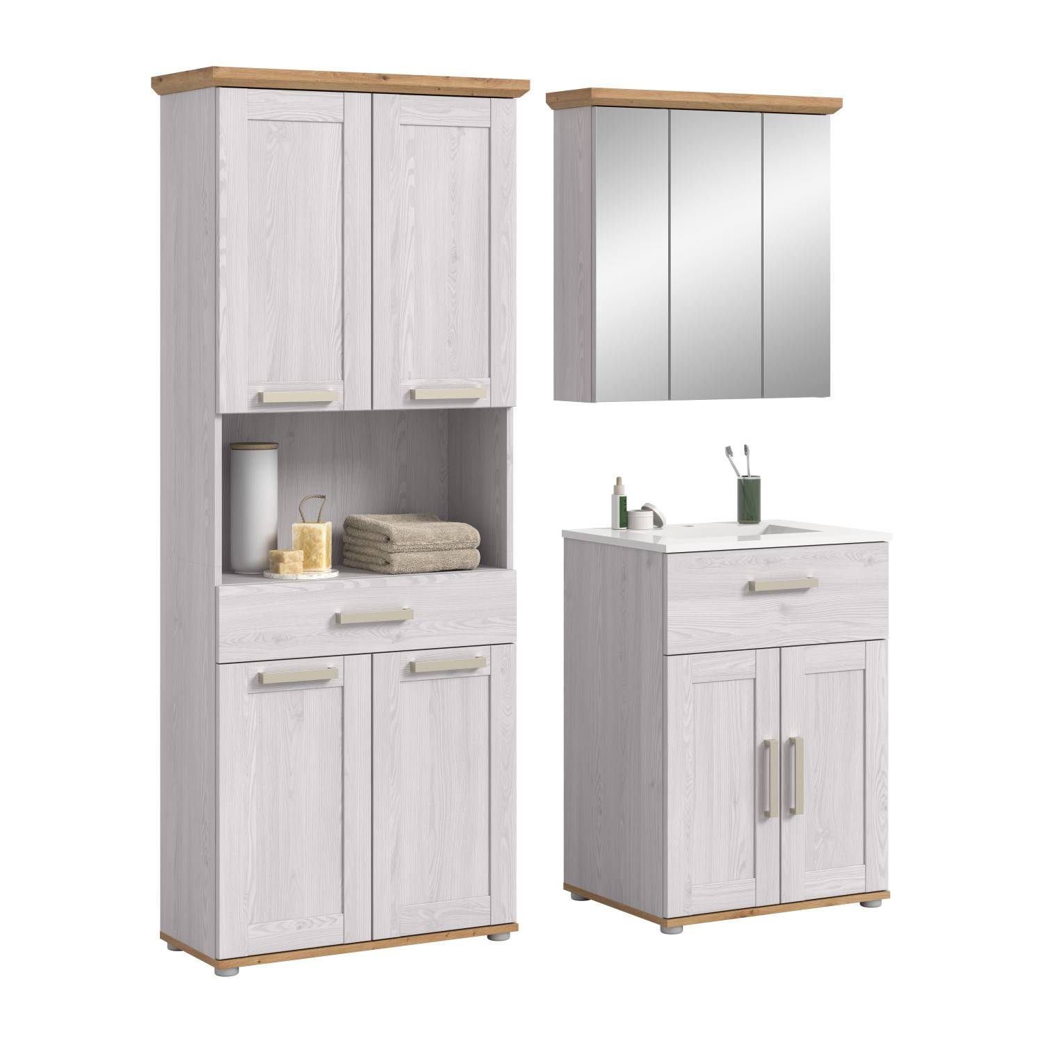 Dreiteiliges Waschplatz Set mit Hochschrank, Spiegelschrank und Waschtischunterschrank in heller Holzoptik – Tocella