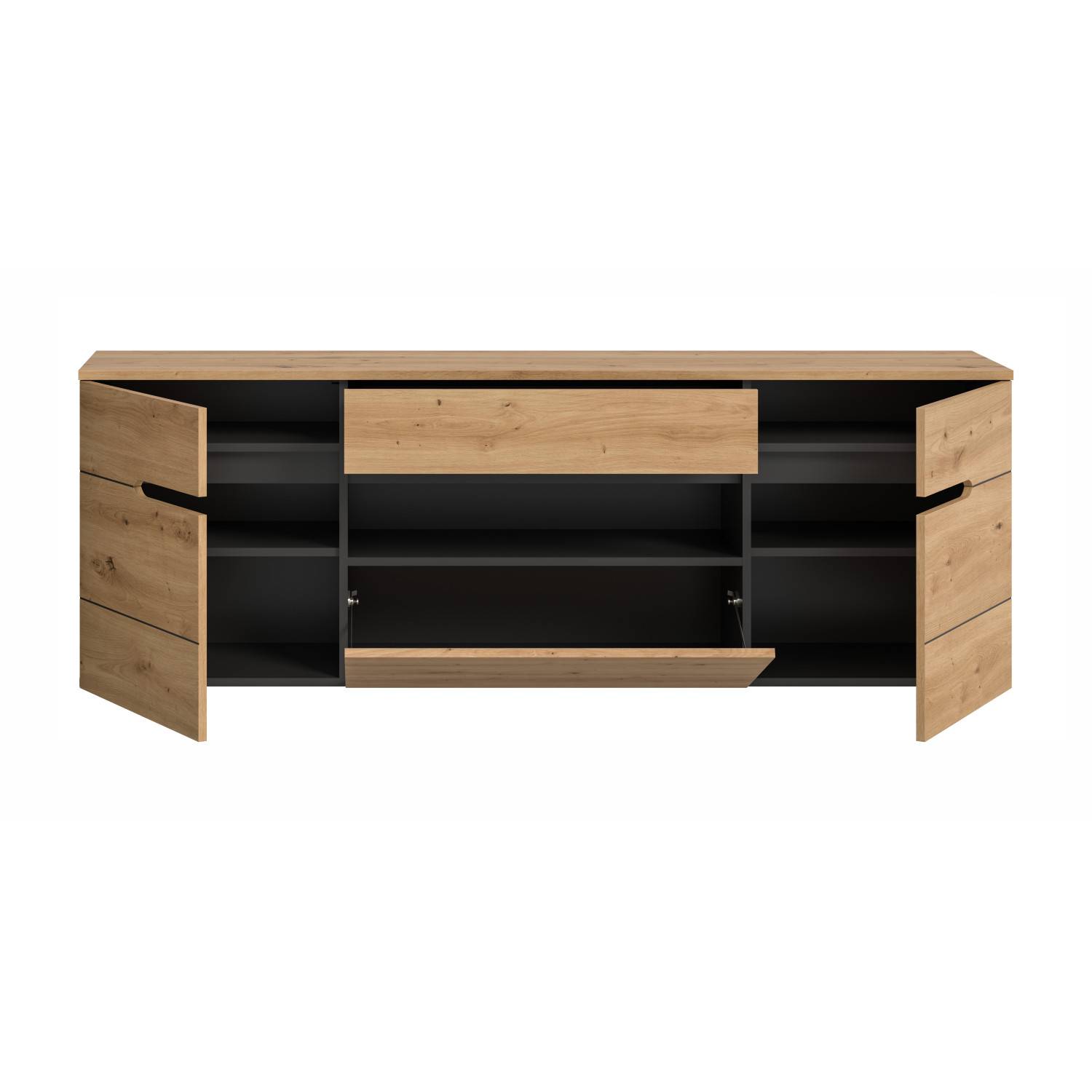 Offenes Sideboard mit Schublade und drei Schranktüren mit Fächern – Irysma