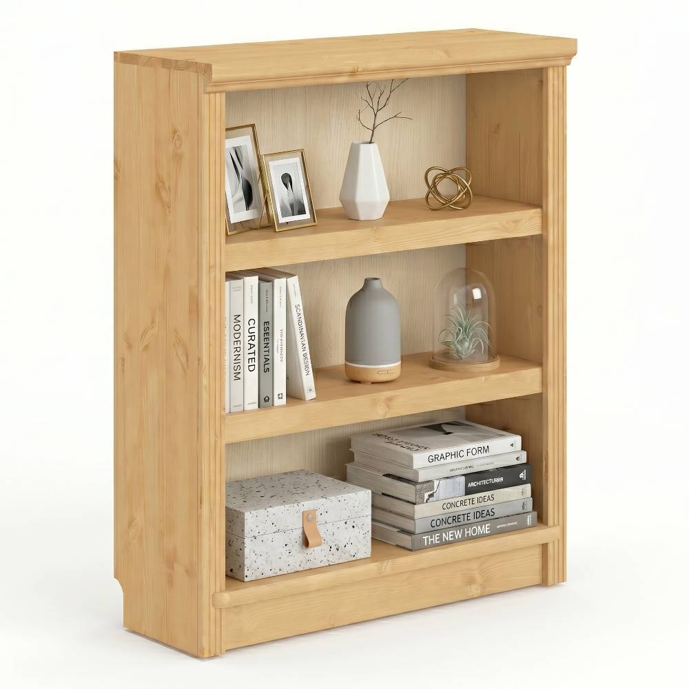 Landhaus Bücherregal Kiefer Natur geölt mit drei Fächern und Dekoration – Snog