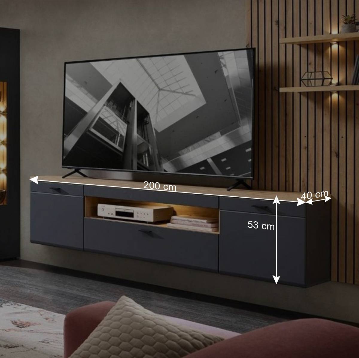 Hängendes TV-Board in mattem Dunkelgrau - Azar