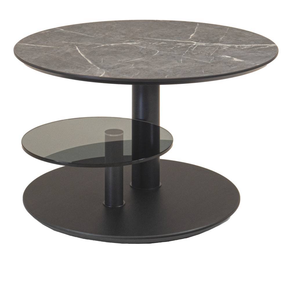 Runder Design-Couchtisch mit höhenverstellbarer Lift-Mechanik, dunkler Marmorplatte und Glasablage – Viradio