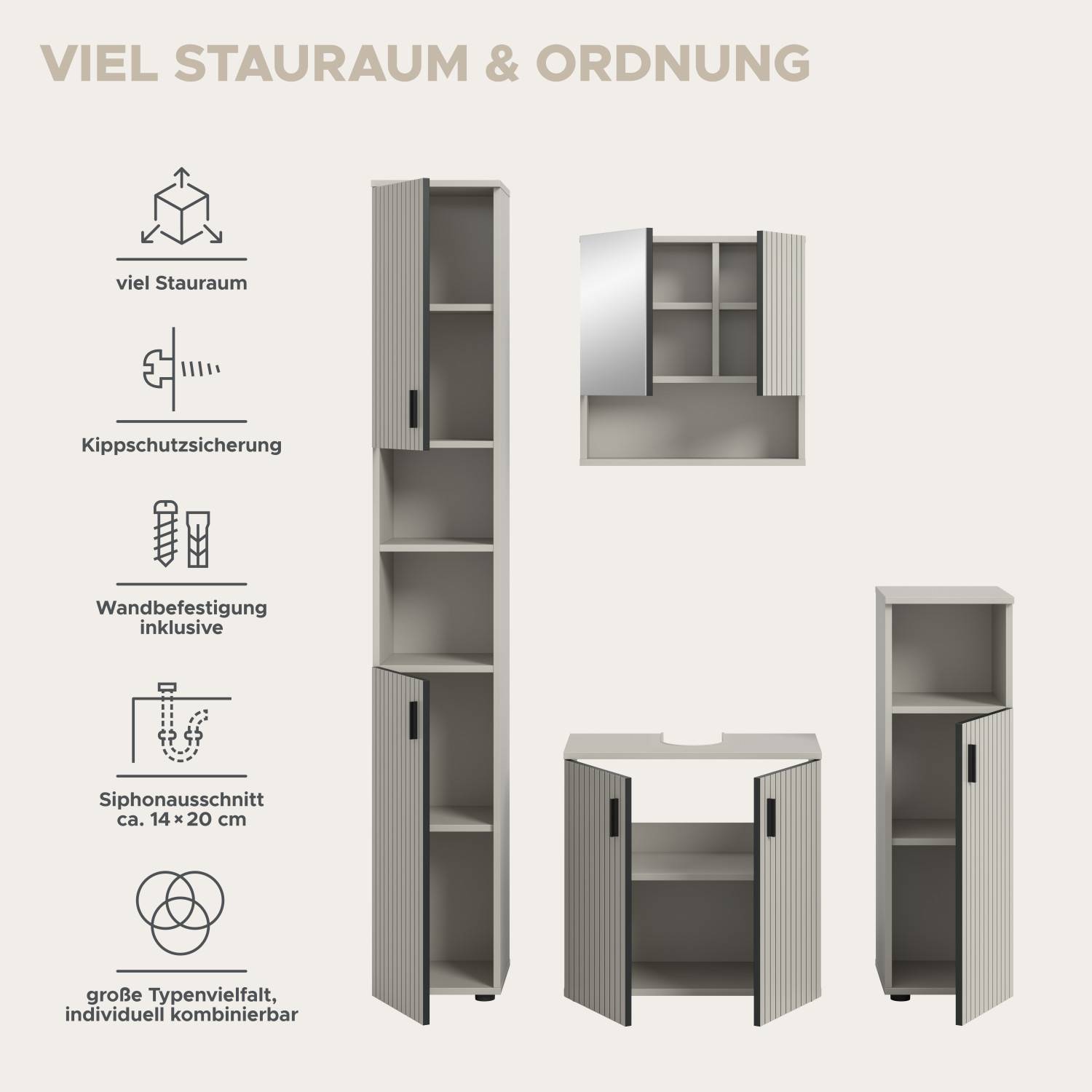 Übersicht über Stauraum, Kippschutz, Wandbefestigung und Siphonausschnitt des Badmöbel-Sets – Loktos