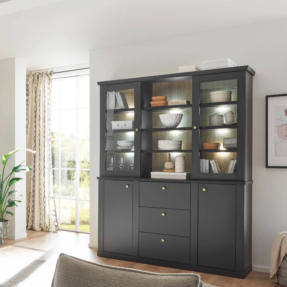 Modern Country Vitrinenschrank in Mattschwarz - Lulumo