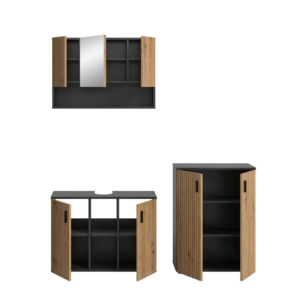 Spiegelschrank, Waschtischunterschrank und Hochschrank in Anthrazit und Holzoptik dreiteilig – Janny