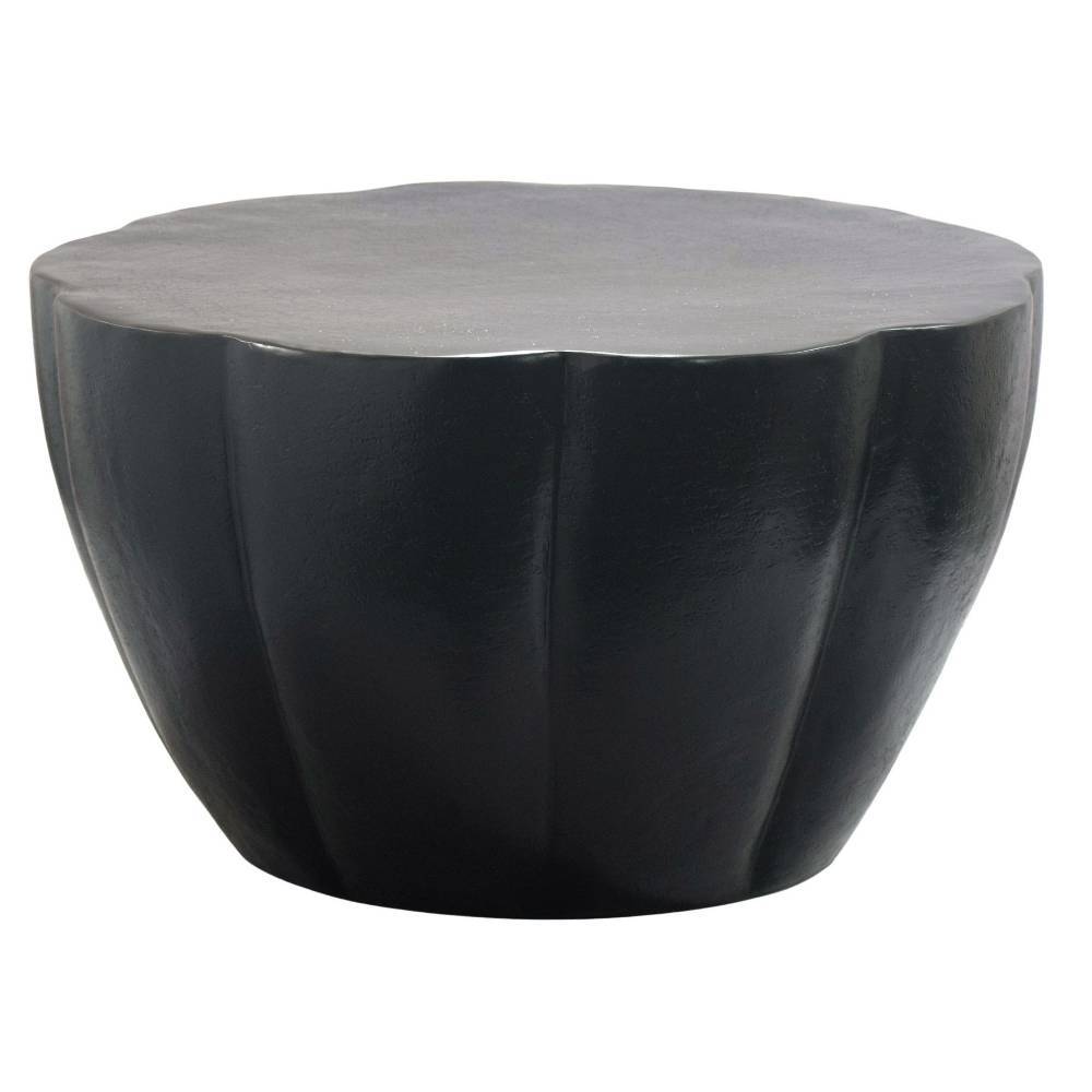 Moderner schwarzer Alu Design-Couchtisch mit welliger Seitenstruktur und runder Platte – Susi