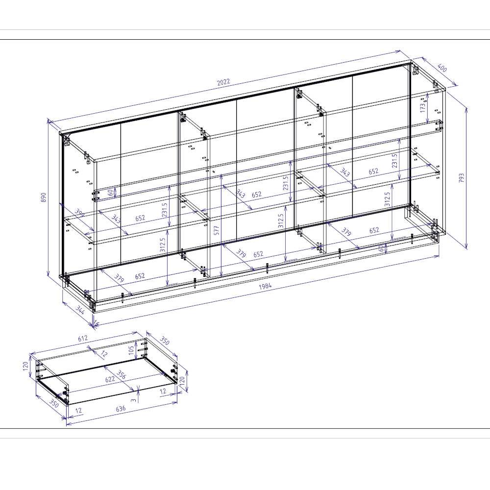 Technisches Maßbild des Sideboards mit allen Abmessungen und Größenangaben – Spain