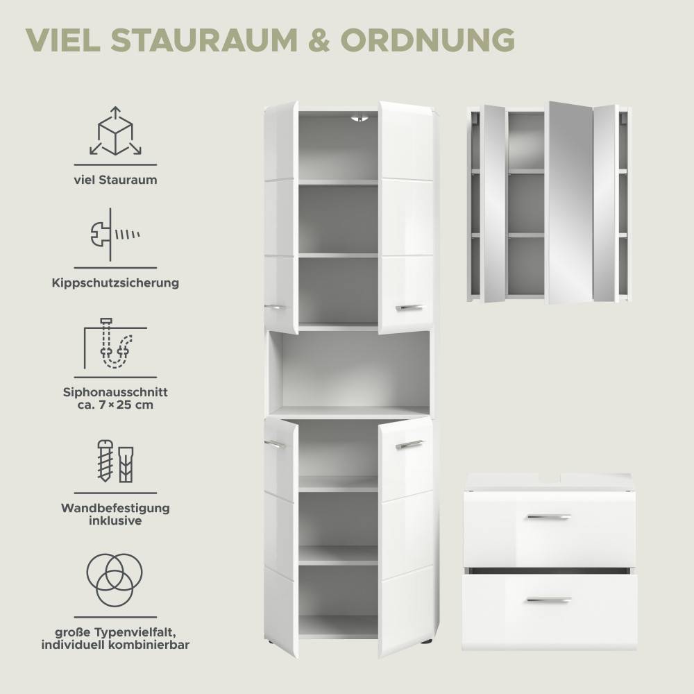 Funktionen des Badezimmermöbelsets mit viel Stauraum, Kippschutz, Siphonausschnitt und Wandbefestigung – Clona
