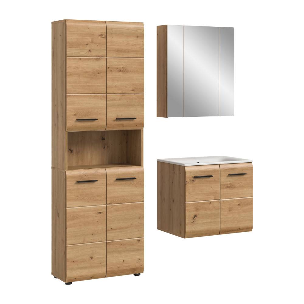 Geschlossenes Badmöbelkomplettset aus heller Eiche mit Hochschrank, Spiegelschrank und Waschtisch – Canopus