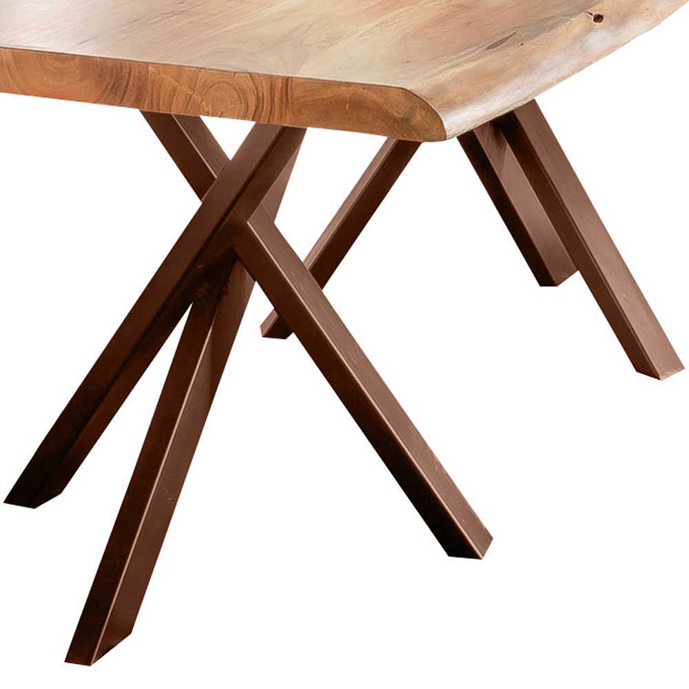 Tisch mit dicker Holzplatte Baumkante Nagati & Stahl Antik-Braun